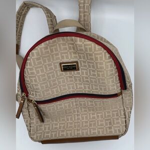 Tommy Hilfiger Logo Small Backpack Tote Purse Gold Cream Brown minimalist bag